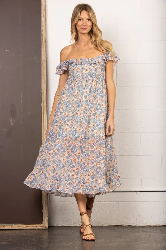 BLUE OFF SHOULDER RUFFLED MAXI DRESS-D8236SN Fashionable Asymmetrical Maxi Dress