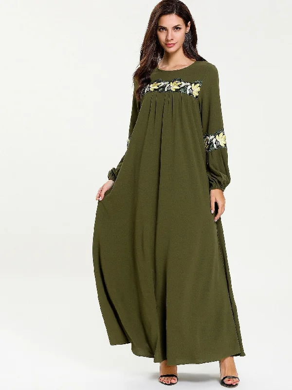 Floral Appliques Bishop Sleeve Maxi Dress Cozy Maxi Dress with Slit