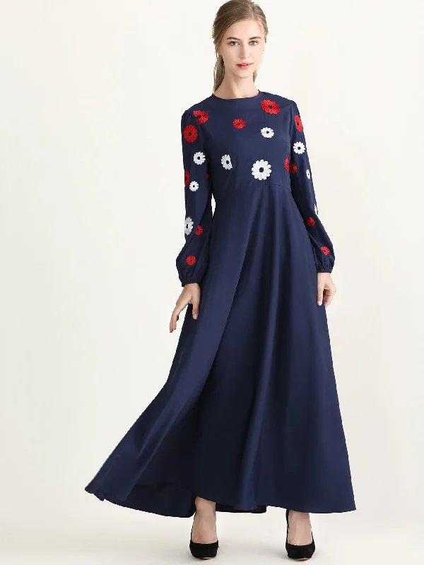Floral Embroidered Bishop Sleeve Maxi Dress Fashionable Button-Down Maxi Dress