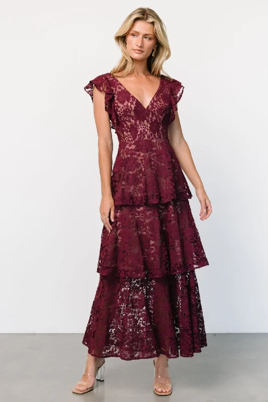 Margot Lace Tiered Maxi Dress | Wine Trendy Fit-and-Flare Maxi Dress